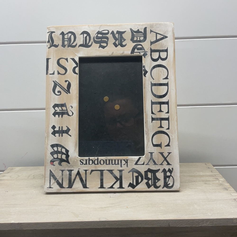 Distressed Wood Alphabet Typography Picture Frame White Black Gothic Font 4x6
